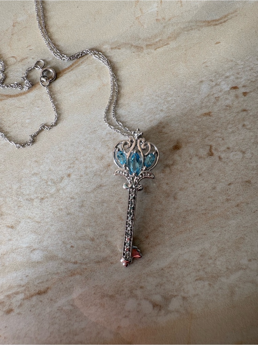 10k White Gold, Aquamarine and Diamond Key Pendant